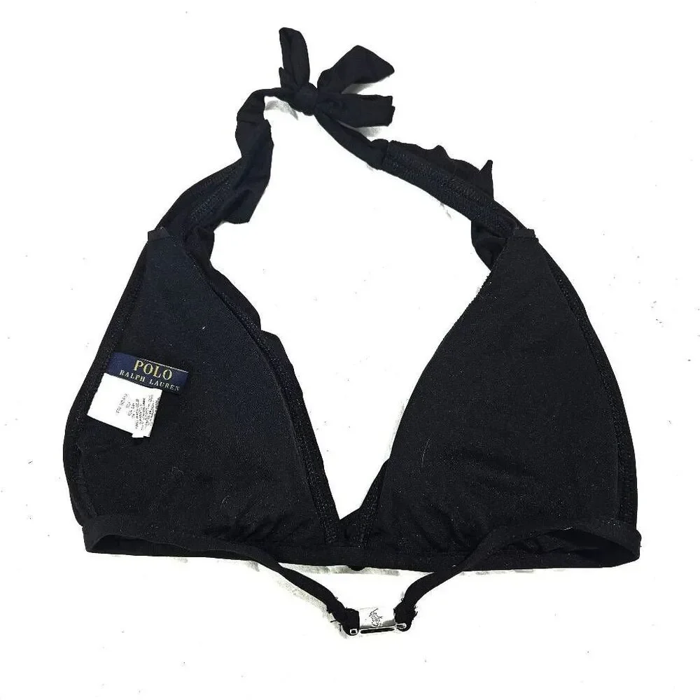 POLO RALPH LAUREN Bikini Top Extra Solid Black Ruffle Halter Tie X-Small